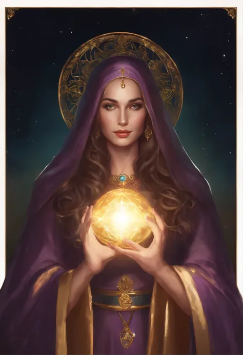 Female priest with long curly hair, Beauty,religious robes, Holding a crystal ball with both hands,god of fortune telling,Head-Down Cast, Clasp hands, Wearing a circlet, A simple halo around her head, shining eyes of light, holy, bright colors, particles o...