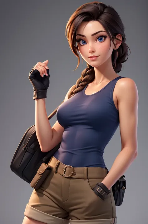 Cowboy Shot,((glossy eyes)),(masterpiece, best quality:1.4), high detail, (detailed face), detailed eyes, (beautiful, aesthetic, perfect, delicate, intricate:1.0),best quality, masterpiece, nijistyle lara croft, single braid, blue tank top, brown shorts, f...