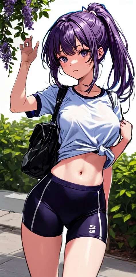 A beautiful woman with a mature face and long wisteria-purple hair tied in a ponytail with a pale pink ribbon.。White gym clothes。Navy blue bloomers shaped like panties。school playground。