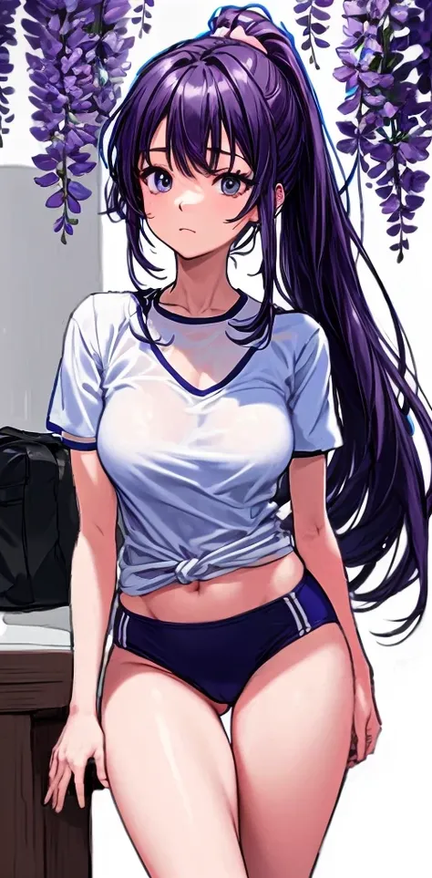 A beautiful woman with a mature face and long wisteria-purple hair tied in a ponytail with a pale pink ribbon.。White gym clothes。Navy blue bloomers shaped like panties。school playground。