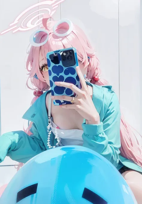 there is a woman with pink hair taking a picture of herself, anime girl cosplay, anime vibes, pink twintail hair and cyan eyes, anime style mixed with fujifilm, anime cosplay, she is holding a smartphone, belle delphine, hatsune miku cosplay, blue and pink...