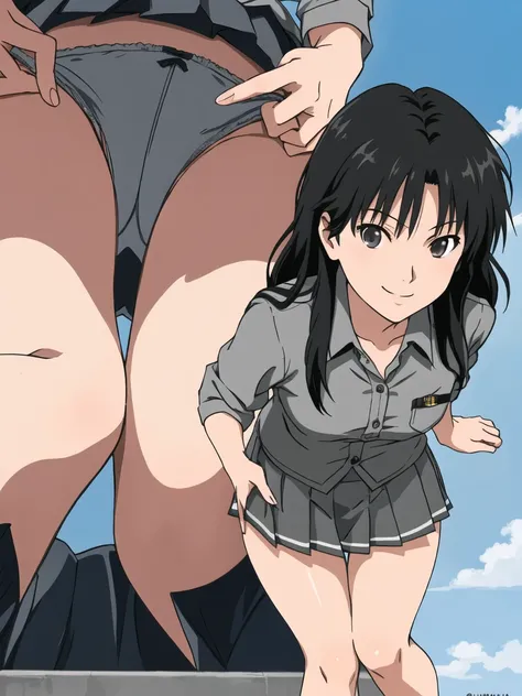 highest quality, ultra high resolution, (realistic: )2D official style cel animation,(multiple views)Amagami Tsukasa Ayatsuji,high school girl,uniform,Gray mini skirt,summer shirt.button unlock,bra,panties,long hair,straight hair,full body portrait,from be...