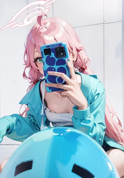 there is a woman no  with pink hair taking a picture of herself, anime girl cosplay, anime vibes, pink twintail hair and cyan eyes, anime style mixed with fujifilm, anime cosplay, she is holding a smartphone, belle delphine, hatsune miku cosplay, blue and ...