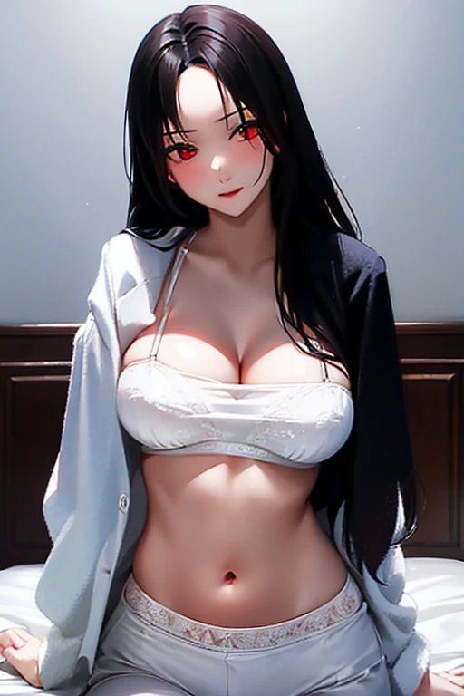 Black hair, red eyes, sexy, large breasts, beautiful body, white bra, white lingerie, white underwear, bedroom