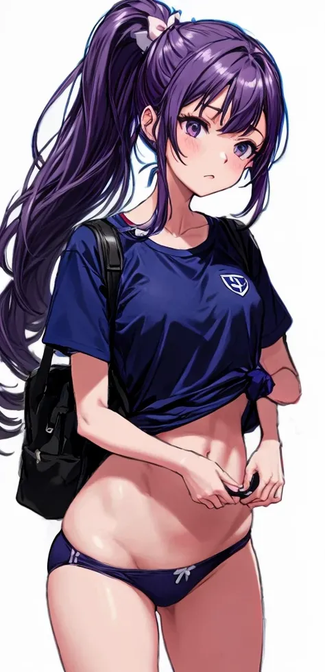 A beautiful woman with a mature face and long wisteria-purple hair tied in a ponytail with a pale pink ribbon.。White gym clothes。Navy blue bloomers shaped like panties。school playground。