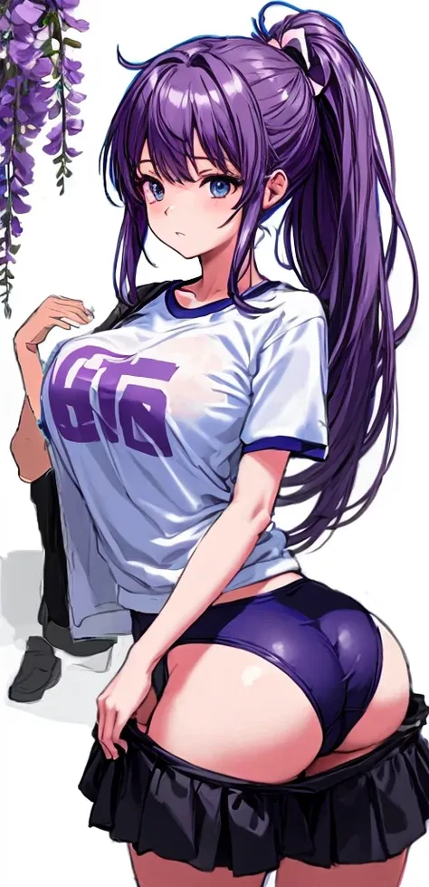 A beautiful woman with a mature face and long wisteria-purple hair tied in a ponytail with a pale pink ribbon.。White gym clothes。Navy blue bloomers shaped like panties。school playground。