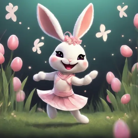 Cute rabbit dancer, is a non-human character, white bandages, pink faux pearl necklace, dancing in long grass, rabbit ears fluttering in the wind, bright smile in the sun, soft and delicate light and shadow, dark background highlighting rabbit, Cartoon，fla...