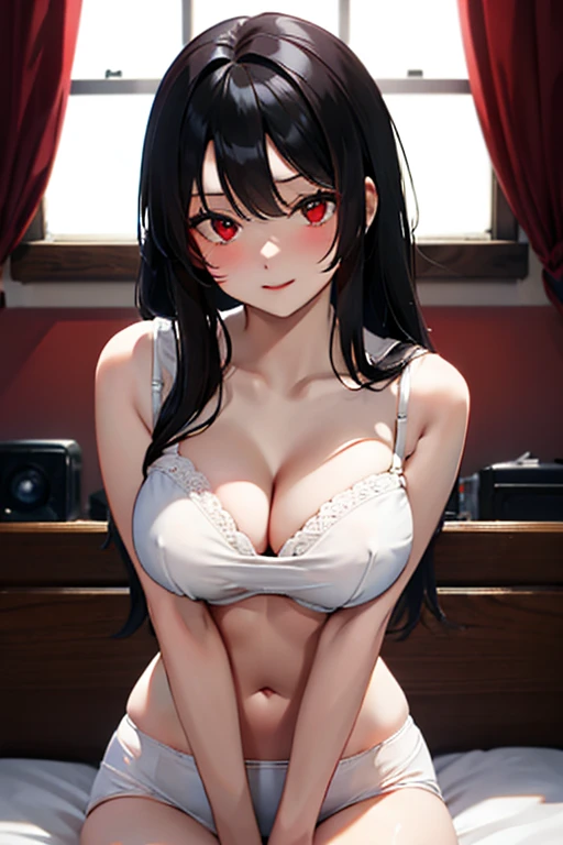 Black hair, red eyes, sexy, large breasts, beautiful body, white bra, white lingerie, white underwear, bedroom