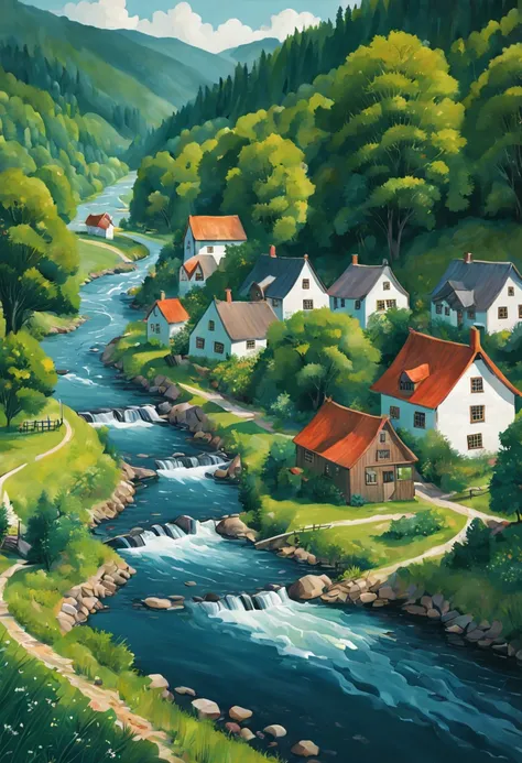 A painting of a village with a river and houses, a storybook illustration inspired by Grandma Moses, CG Society Competition Winners, simple art, Jane Nuland, 以异想天开的风格进行illustration, illustration精美, village in woods, landscape illustration, with trees and r...