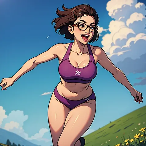 Hyper realistic image of Sexy Malay woman running at field, laughing, cocky smirk face, glasses, pixie hair cut, small breast, plump, fat tummy, wide waist, thick thighs, wearing sexy crotchless underwear.