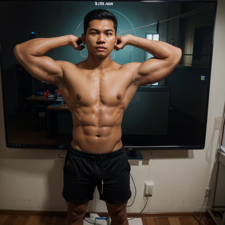 Hyperrealistic pictures of a handsome Indonesian student. One student is standing using t shirt. With brainwash cable in his ear  for mind controlling him. The cables was connect to the monitor shows spiral brainwashing figure. He was flexing his biceps ar...