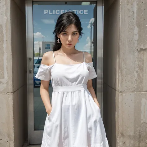 1 woman, black hair, blue pupils, delicate face, cute, love earrings, white dress, standing in front of the police station, surreal