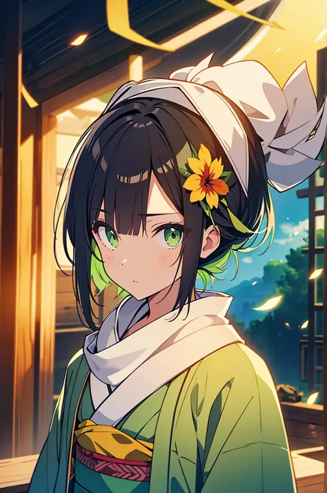 light kimono, silk scarf, headband, short black hair, green eyes