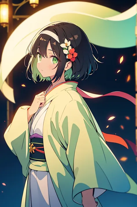 light kimono, silk scarf, headband, short black hair, green eyes