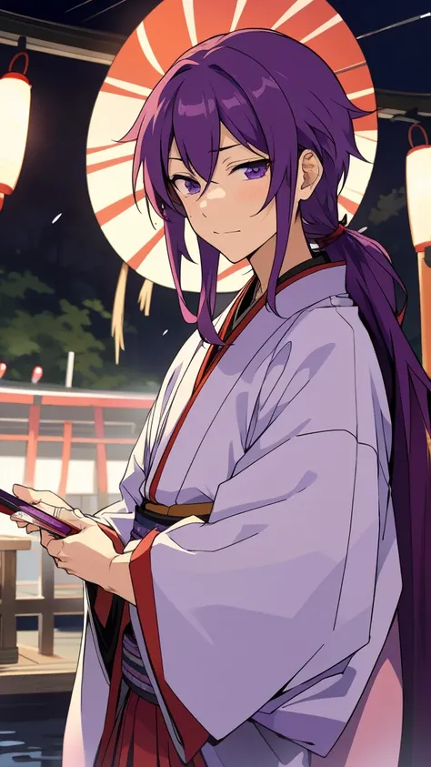 masterpiece, best quality, absurdres, souma kanzaki, purple hair, long hair, purple eyes, beautiful, kimono, looking at me, ultra-detailed, 1boy, solo, ensemble stars, japanese clothes, yukata, japanese festival, matsuri, night, festival, fireworks