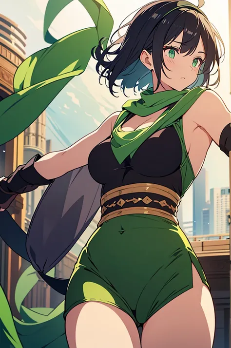 revealing fighting clothes, silk scarf, headband, short black hair, green eyes