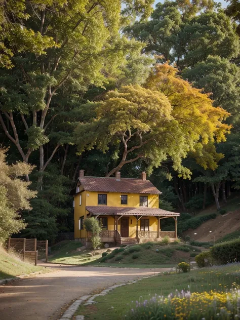 ultra hd .hyper realistic. A house in lead color and gold.In the middle of the saffron forest