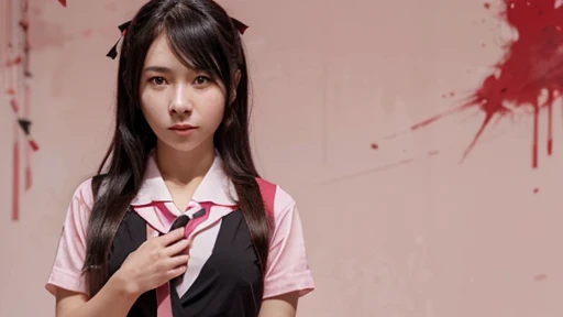 create an image of Ayano from yandere simulator to be used as a background, in the image she must be holding a knife and she must be covered in blood, the background of the image must be black with a pink gradient and her  outfit Japanese people pattern th...