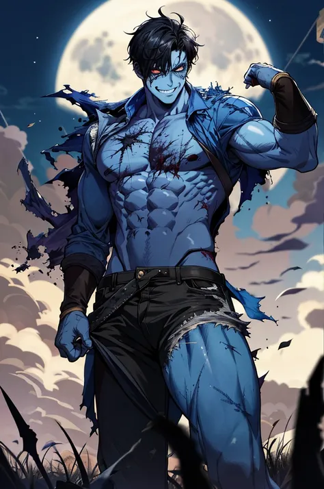 masterpiece, best quality, highres, realistic,1man, zombie,blue skin,scar,muscular,black hair,dirty face,dirty,full moon, evil smile,torn clothes,depth of field,