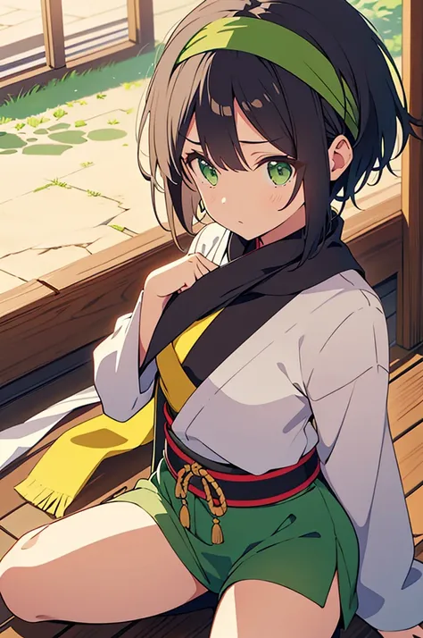 revealing shinobi clothes, silk scarf, headband, short black hair, green eyes