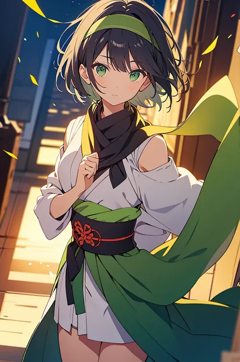 revealing shinobi clothes, silk scarf, headband, short black hair, green eyes