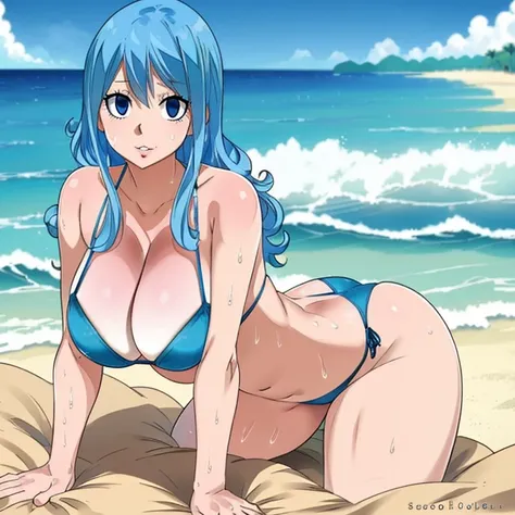 (best quality,8k,highres,masterpiece:1.2),ultra-detailed,realistic:1.37,Juvia Lockser,blue hair,pink bikini,beautiful detailed blue hair,beautiful detailed pink bikini,extremely detailed blue hair and bikini,long wavy blue hair,curly blue hair,voluminous p...