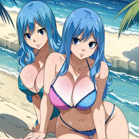 (best quality,8k,highres,masterpiece:1.2),ultra-detailed,realistic:1.37,Juvia Lockser,blue hair,pink bikini,beautiful detailed blue hair,beautiful detailed pink bikini,extremely detailed blue hair and bikini,long wavy blue hair,curly blue hair,voluminous p...