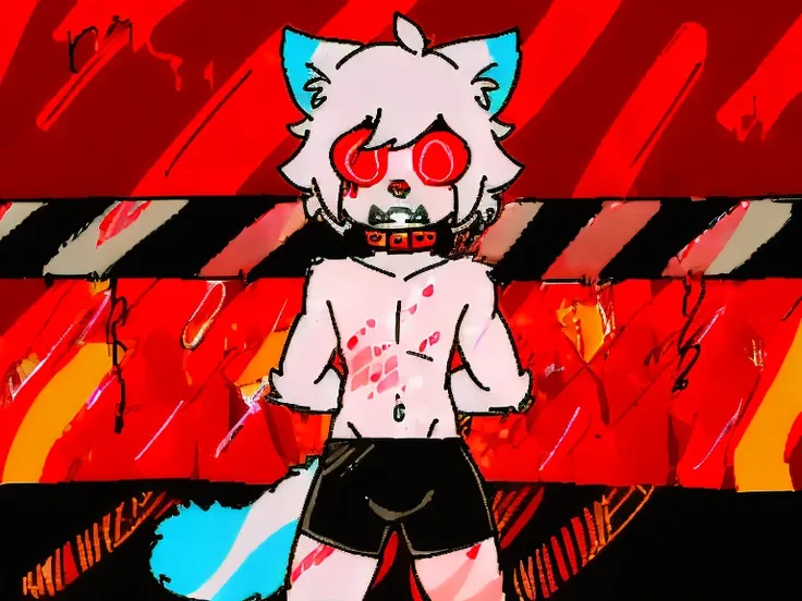 （4K，8k，best quality，meticulous details，DeliCate light，DeliCate short hair）Cat，white hair，There&#39;a bit strange，black shorts，Big blue striped tail，Shota，Covered in scars，Pink collar，crazy，in a subway station，Red filter，ghost ，vine