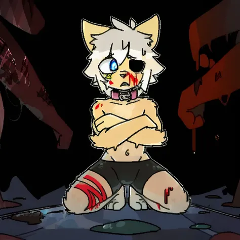 （4K，8k，best quality，meticulous details，DeliCate light，DeliCate short hair）Cat，white hair，There&#39;a bit strange，covered in black slime，Black slime tangle，black shorts，Big blue striped tail，Kneeling on the ground，touch your face，Shota，Wrists covered with s...