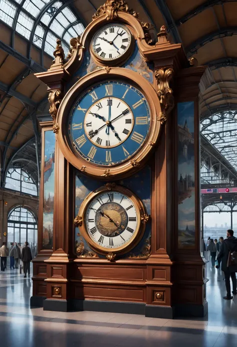 Clock walls of various countries at the station, (best quality, masterpiece, Representative work, official art, Professional, 8k)