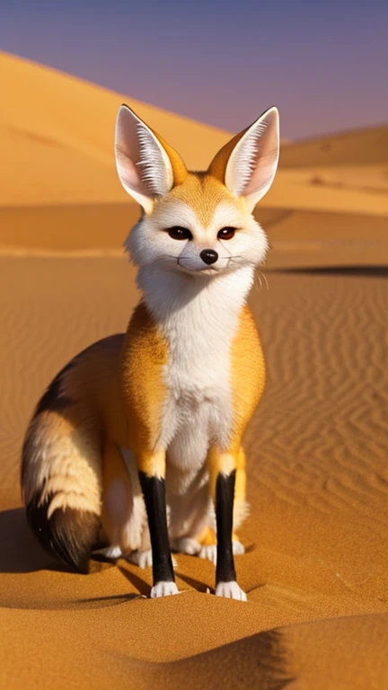 Fennec fox, fat, looking at its food, set in the Sahara desert. very real, 3d