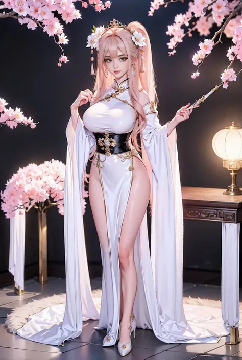 best quality, masterpiece, high resolution,3个女孩,pretty face,whole body,Chinese clothes,White sexy revealing robe,Hold the sword in your right hand (Gorgeous ornamentation),Peach tree,