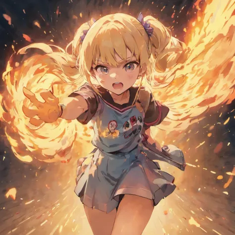 highest quality、A girl with blonde twintails punches with a fist covered in flames.