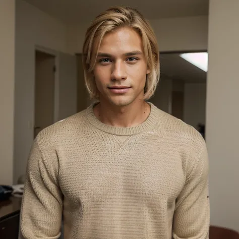 Portrait of a model man with blond hair in a warm designer sweater, no estilo de roupas de marca, With the shirt in sight, Panasonic GH5, happy expressions, imagem discreta, Sharp texture - Image #2 @SlengSleng