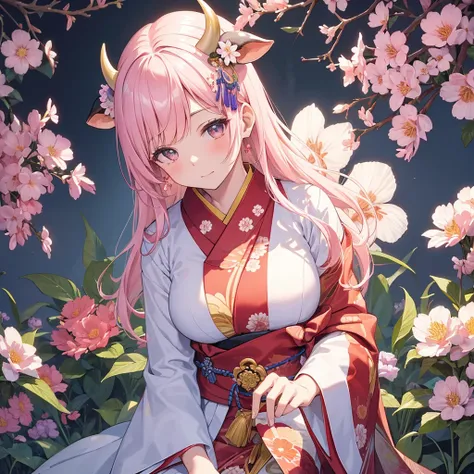 masterpiece, highest quality, High resolution, A girl decorated with cow horns、Posing alone in front of a Japanese-patterned background filled with colorful flowers. her hair, Light pink hair with bangs, Comes with a hair ornament. Her closed mouth adds an...