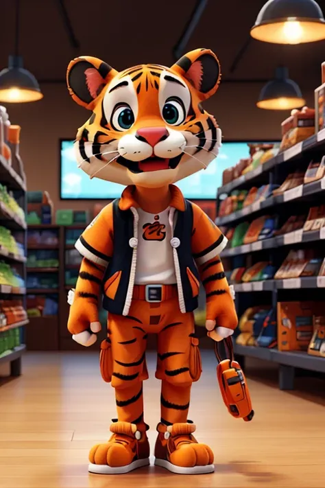 Tech Tigger:

A mascot with tiger features, dynamic and technological.
Incorporates electronic accessories to represent the range of technological products available in the store.