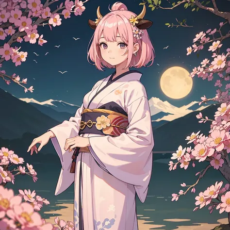 masterpiece, highest quality, High resolution, A girl decorated with cow horns、Posing alone in front of a Japanese-patterned background filled with colorful flowers. her hair, Light pink hair with bangs, Comes with a hair ornament. Her closed mouth adds an...