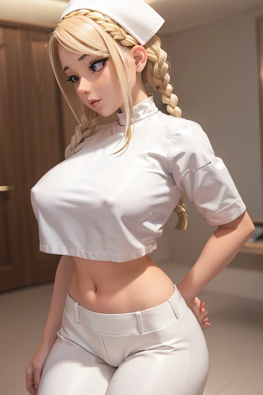 1girl, Blonde braided hair, Warrior, dressed in Glossy White Leather, also shes a Nurse, on the battle field. gigantic breasts, full body shot from below, ctmp