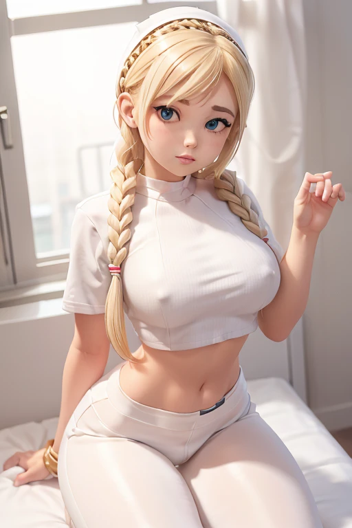 1girl, Blonde braided hair, squatting, dressed in Glossy White Leather, also shes a Nurse, on the battle field. gigantic breasts, full body shot from below, ctmp, abs