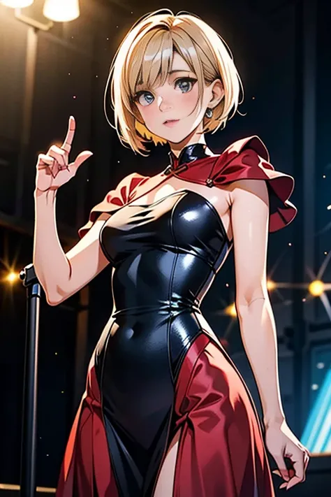 ultra realistic 8k，hyper hd，short hair girl，sweet，wearing a gorgeous sequin dress，realistic skin texture，Stand on a glamorous stage，Mike stand，band，normal facial details，Requires adjustment of body proportions and structure，I want normal finger details，hav...