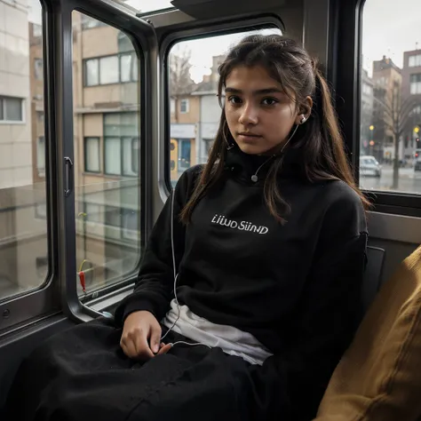 generate a 3D picture of a 17 years old teenager wearing a black sweatshirt listening to the music with wired earphones travelling in a metro looking outside through the window happily and a beautiful 17 year old girl wearing a traditional kurta sitting in...