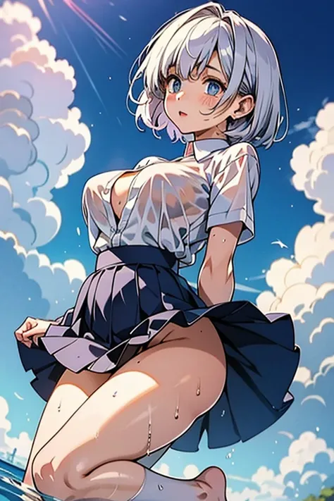 １８1 year old girl、Uniform skirt fluttering in the wind、beautiful feet、cloud、((thighs thighs thighs))、big and full breasts、((Wet and sheer white shirt))、wide open chest、(butt)、short hair、