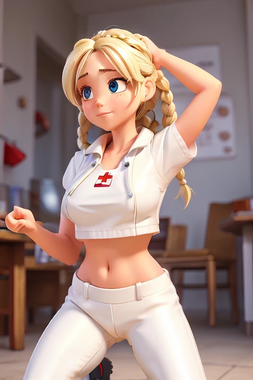 1girl, Blonde braided hair, squatting, dressed in Glossy White Leather, also shes a Nurse, on the battle field. gigantic breasts, full body shot from below, ctmp, abs