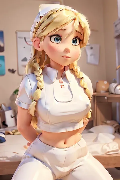 1girl, Blonde braided hair, squatting, dressed in Glossy White Leather, also shes a Nurse, on the battle field. gigantic breasts, ctmp, abs