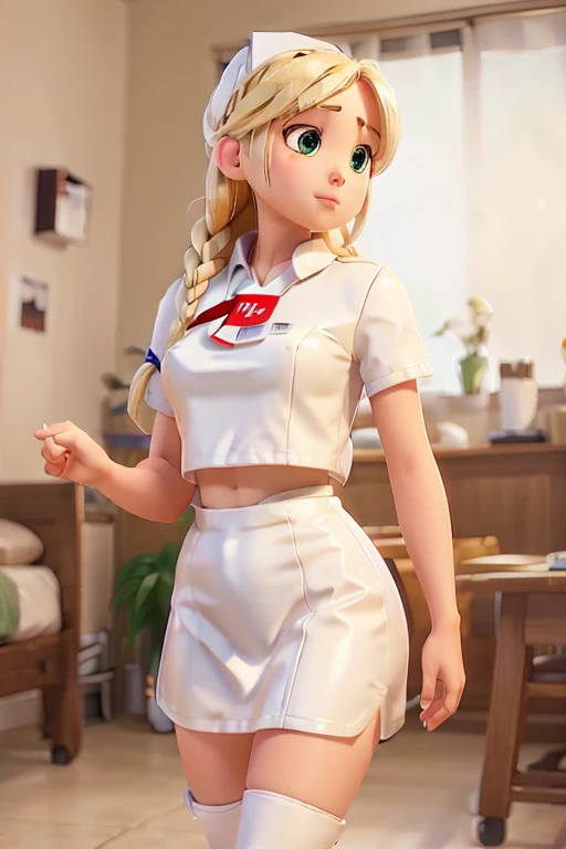 1girl, Blonde braided hair, Warrior, dressed in Glossy White Leather, also shes a Nurse, on the battle field. gigantic breasts, ctmp