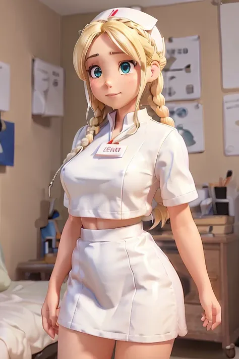 1girl, Blonde braided hair, Warrior, dressed in Glossy White Leather, also shes a Nurse, on the battle field. gigantic breasts, ctmp