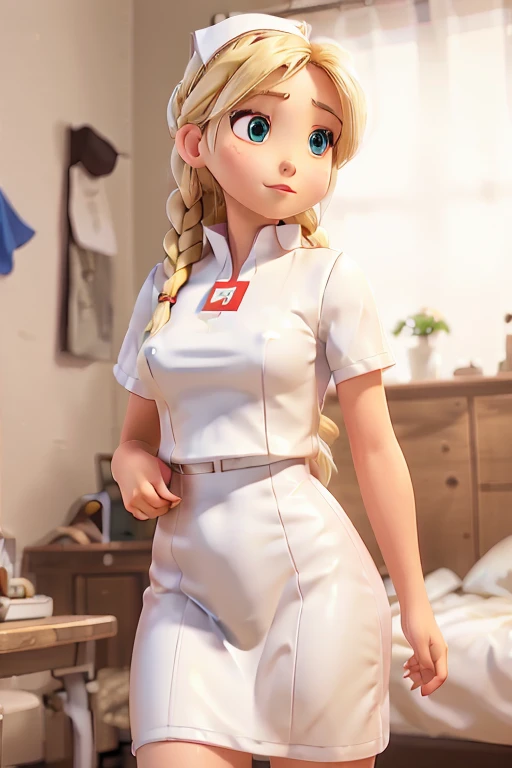 1girl, Blonde braided hair, Warrior, dressed in Glossy White Leather, also shes a Nurse, on the battle field. gigantic breasts, ctmp