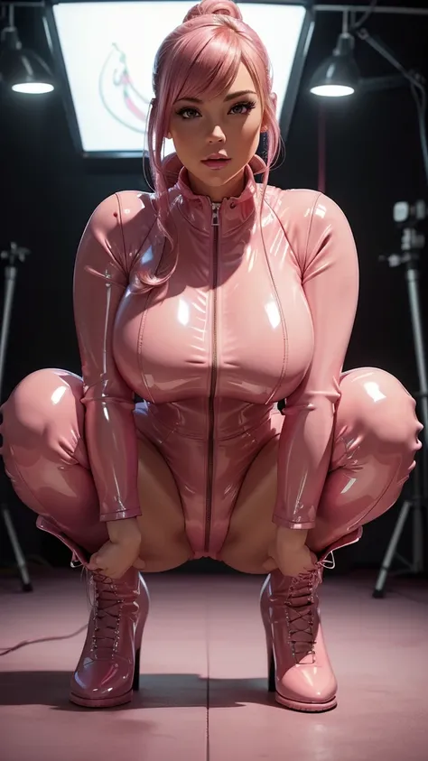 (high resolution, full body,soft skin:1.2),(best illustration,masterpiece:1.2),ultra-detailed,[(cat ears,black fur,pink inside:1.2),(kiss,romantic,intimate):1.3],vivid colors,sharp focus,portrait,studio lighting,bokeh, pink latex jumpsuit and boots, squatt...