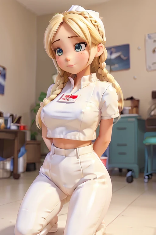 1girl, Blonde braided hair, (squatting), dressed in Glossy White Leather, also shes a Nurse, on the battle field. gigantic breasts, ctmp, abs