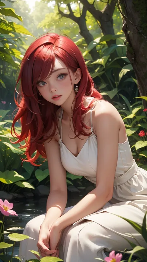 (best quality,4k,highres,masterpiece:1.2),ultra-detailed,realistic,hdr,anime,girl,red hair,white dress,rem rezero,beautiful detailed eyes,beautiful detailed lips,sitting on the ground,wildflowers around her,sunlight filtering through the trees,peaceful atm...